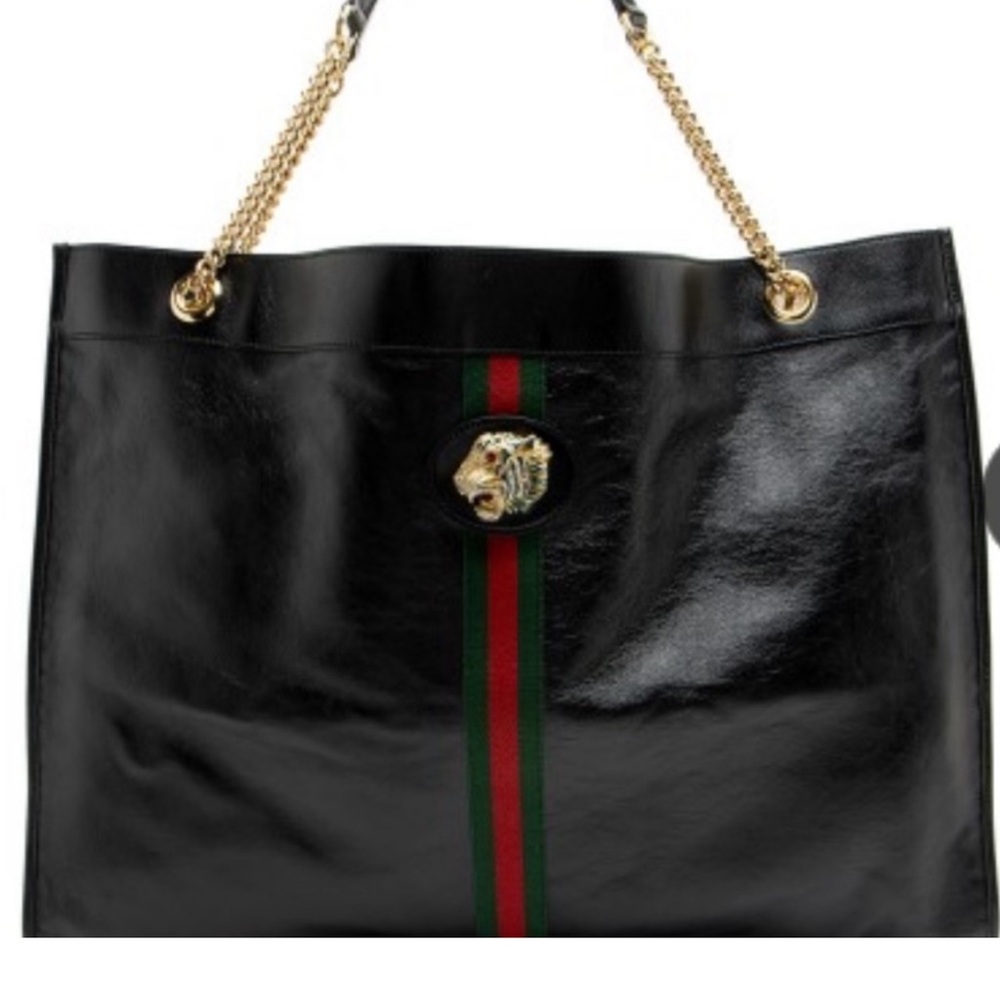 GUCCI Black Leather Raja maxi Tote Bag with Gold Chain